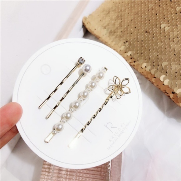 NWT Flower Pearl Gold Hair Clips Set - Floral Spring Summer Bridal Hair Barrette - Picture 3 of 4